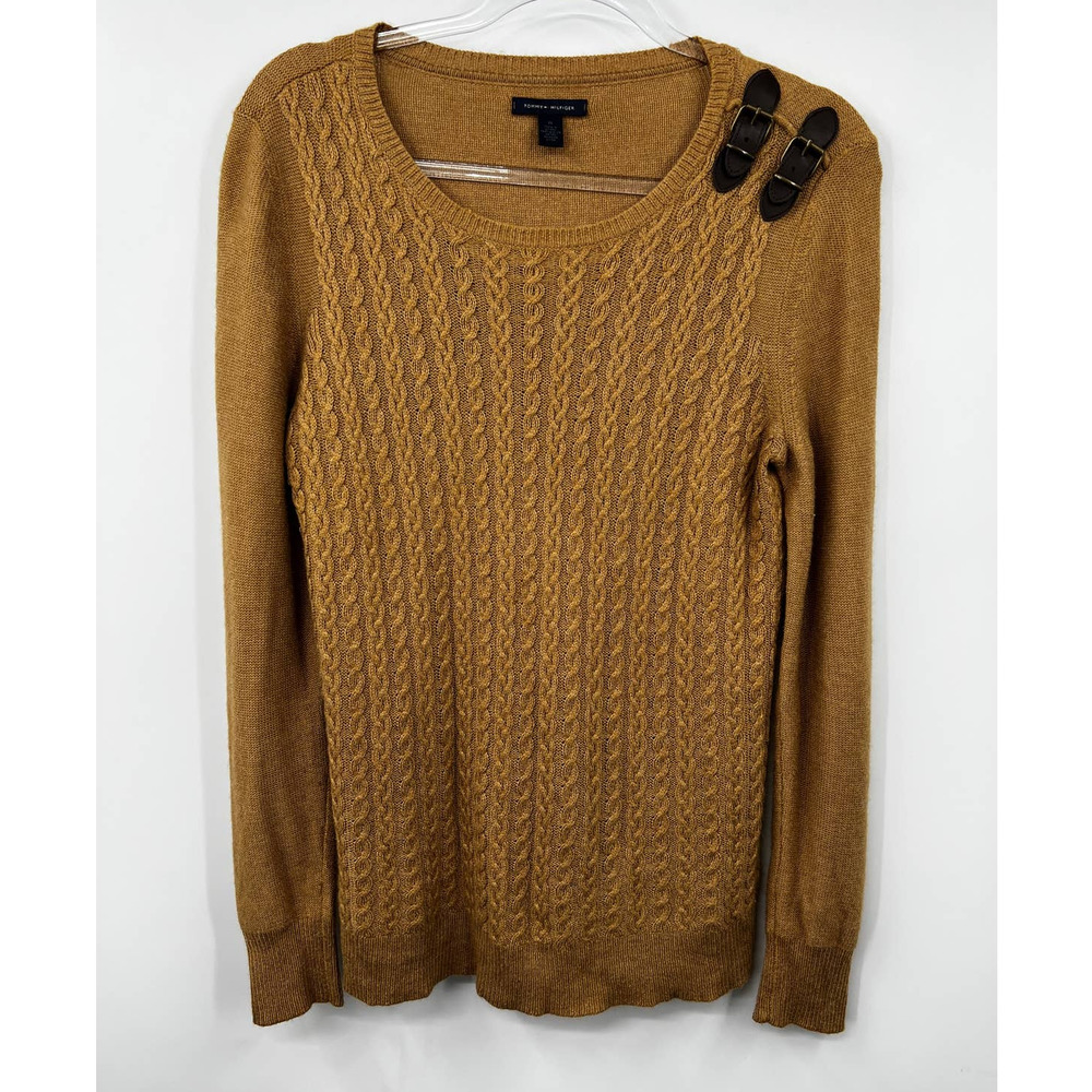 Tommy Hilfiger Women's Sweater Medium Cable Knit Pullover Stretch Buckles Brown